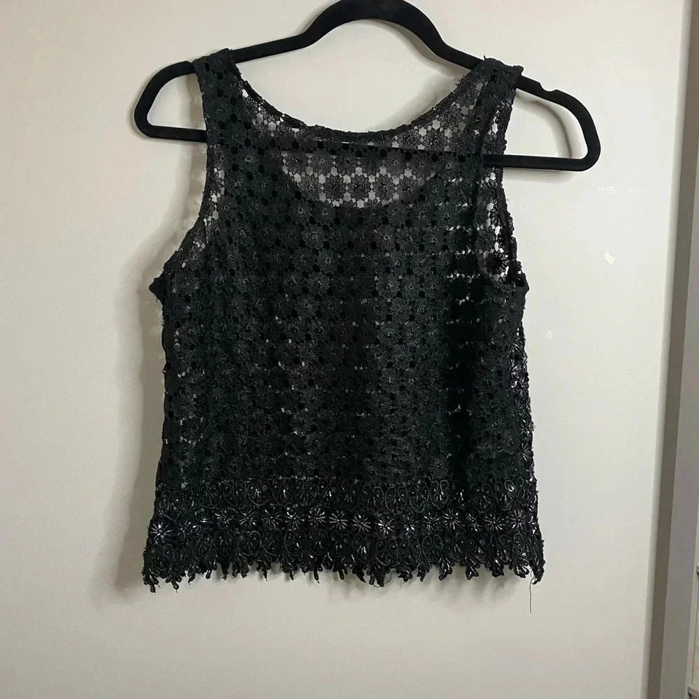 Vintage Black beaded lace crop top - Medium